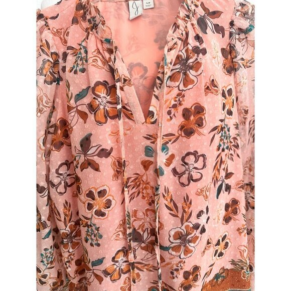 NWOT. Joie Peach Floral Fairy Sheer Women Chiffon Ruffle Top Tie Blouse.V-neck.S - Picture 4 of 7